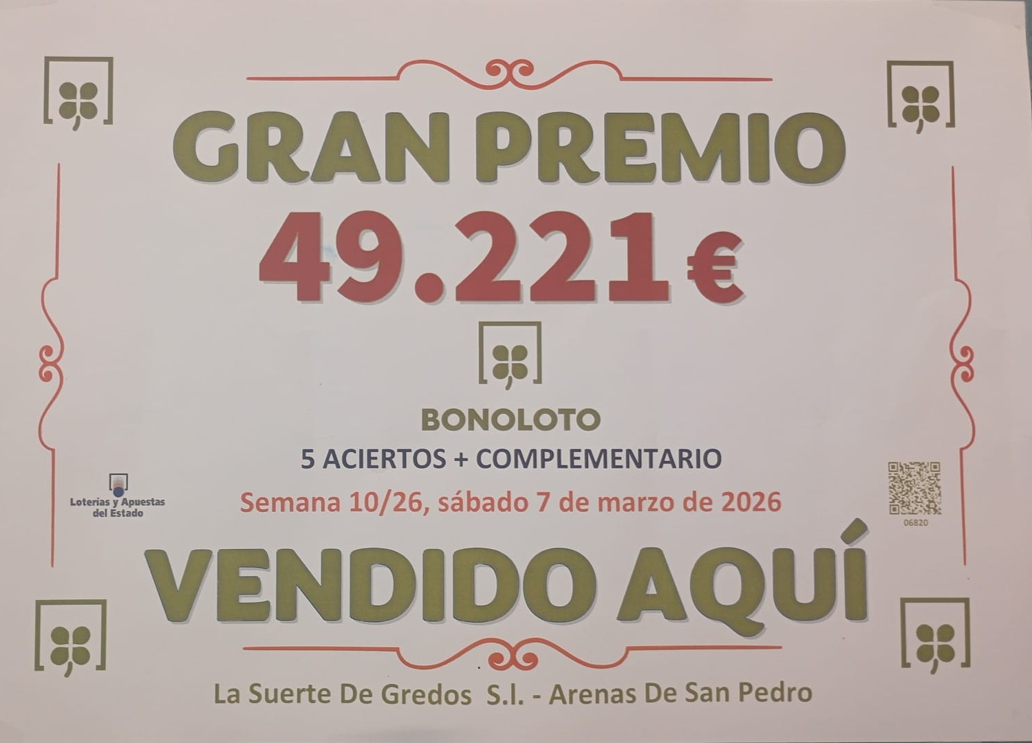 Certificado de premio del 7 de marzo de 2026